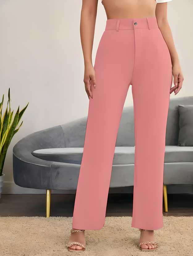 Elegant Peach Lycra Solid Trousers For Women